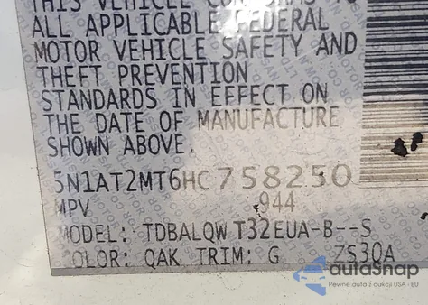 2017 Nissan Rogue Sv z USA, uszkodzony, nr VIN 5N1AT2MT6HC758250